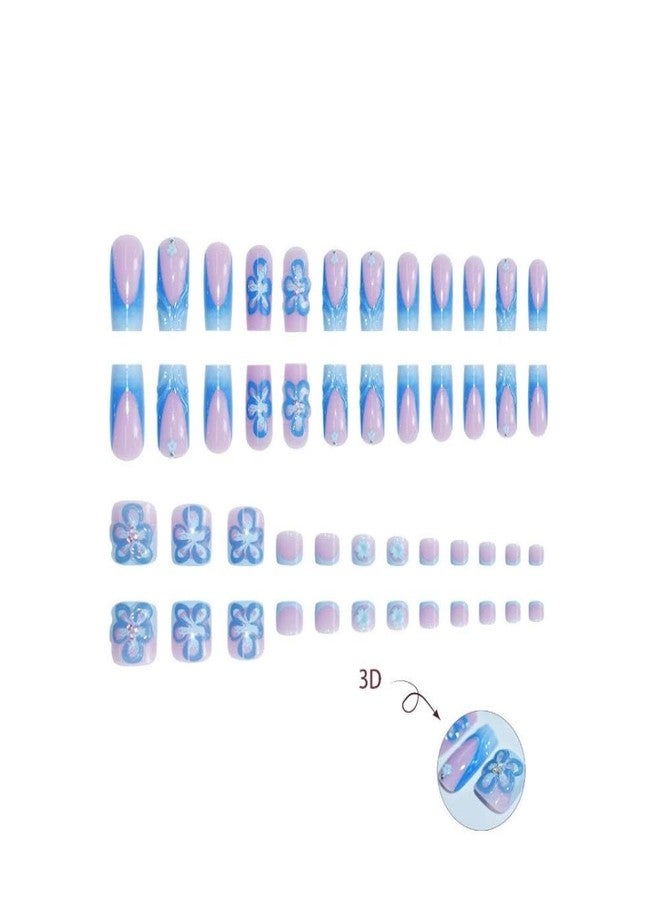 Sevgob 48Pcs Blue French Tips Press on Nails 3D Flower Press on Toenails Short Square Fake Nails with Flower Charm Design Floral False Toenails Glossy Reusable Summer False Nails for Women Girls Manicure - Image 2